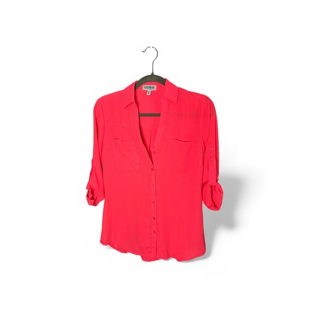 Express Bright Pink Portofino Blouse Roll Tab Sleeves XS